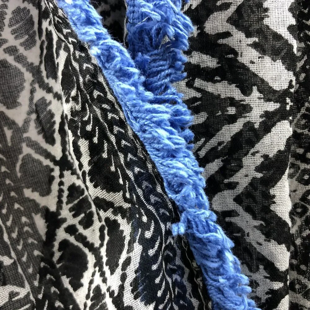 American Eagle Infinity Scarf B/W Sheer Blue Crochet Trim Boho Aztec 100% Cotton